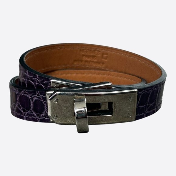 Hermes Purple Crocodile & Palladium Hardware Kelly Double Tour Bracelet